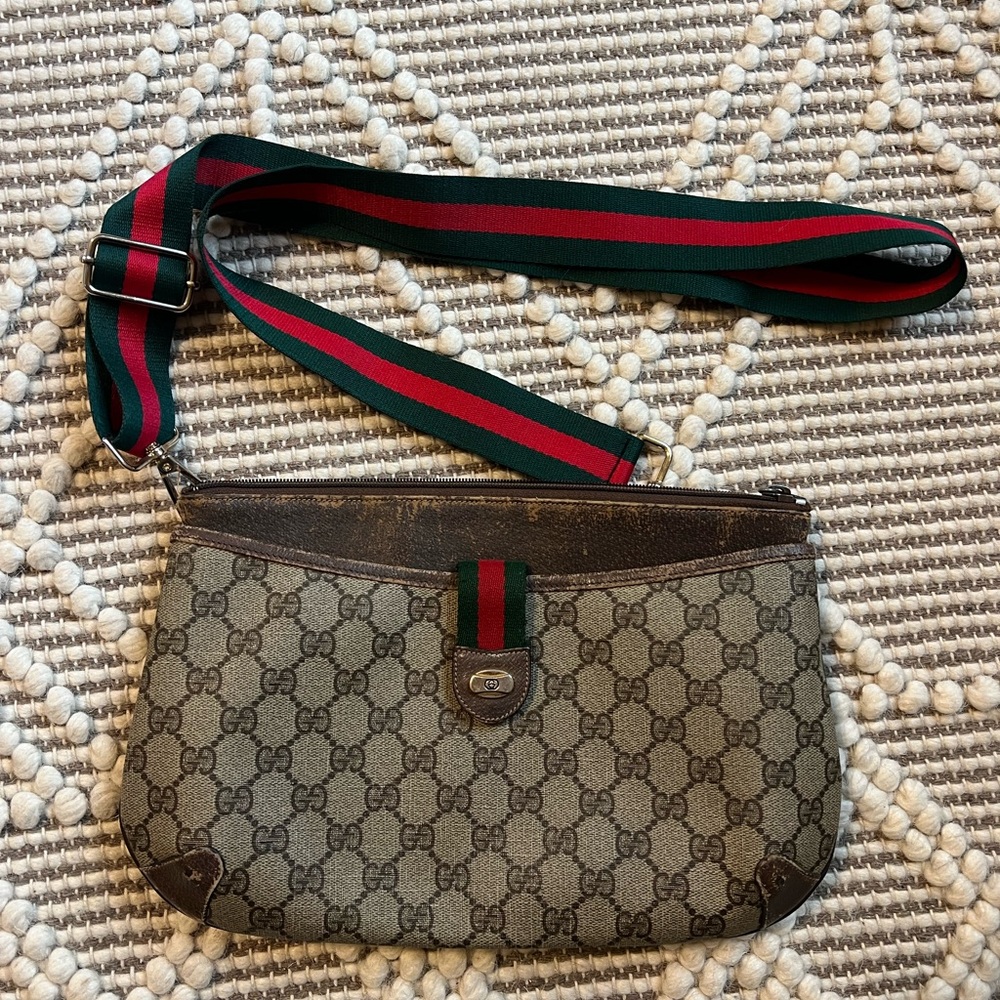 Gucci Monogram Crossbody Bag with Green and Red Strap